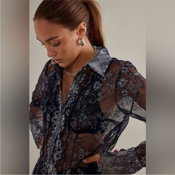 Anthropologie Maeve Lace Sheer Long Sleeve Button Down Blouse/Shirt Size XXS - Picture 3 of 14
